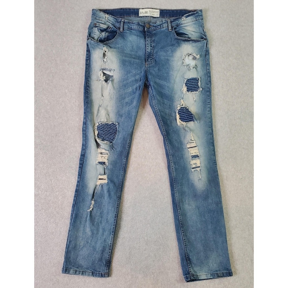 Spark Jeans FITS 38X31 (tag 40X34) Distressed Stretch Blue Denim Straight Leg